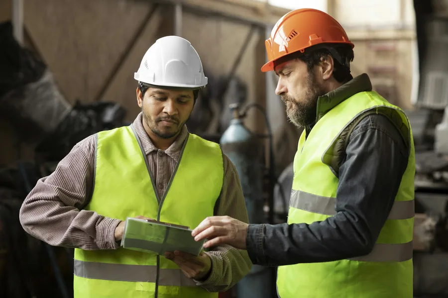 Deux intervenants examinant un document sur site